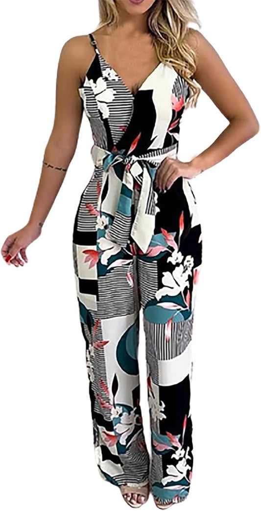 Rompers Jumpsuits for Women Elegant Fashion Wide Leg Pants Polka Striped Printed Sleeveless Sling Jumpsuits,Black